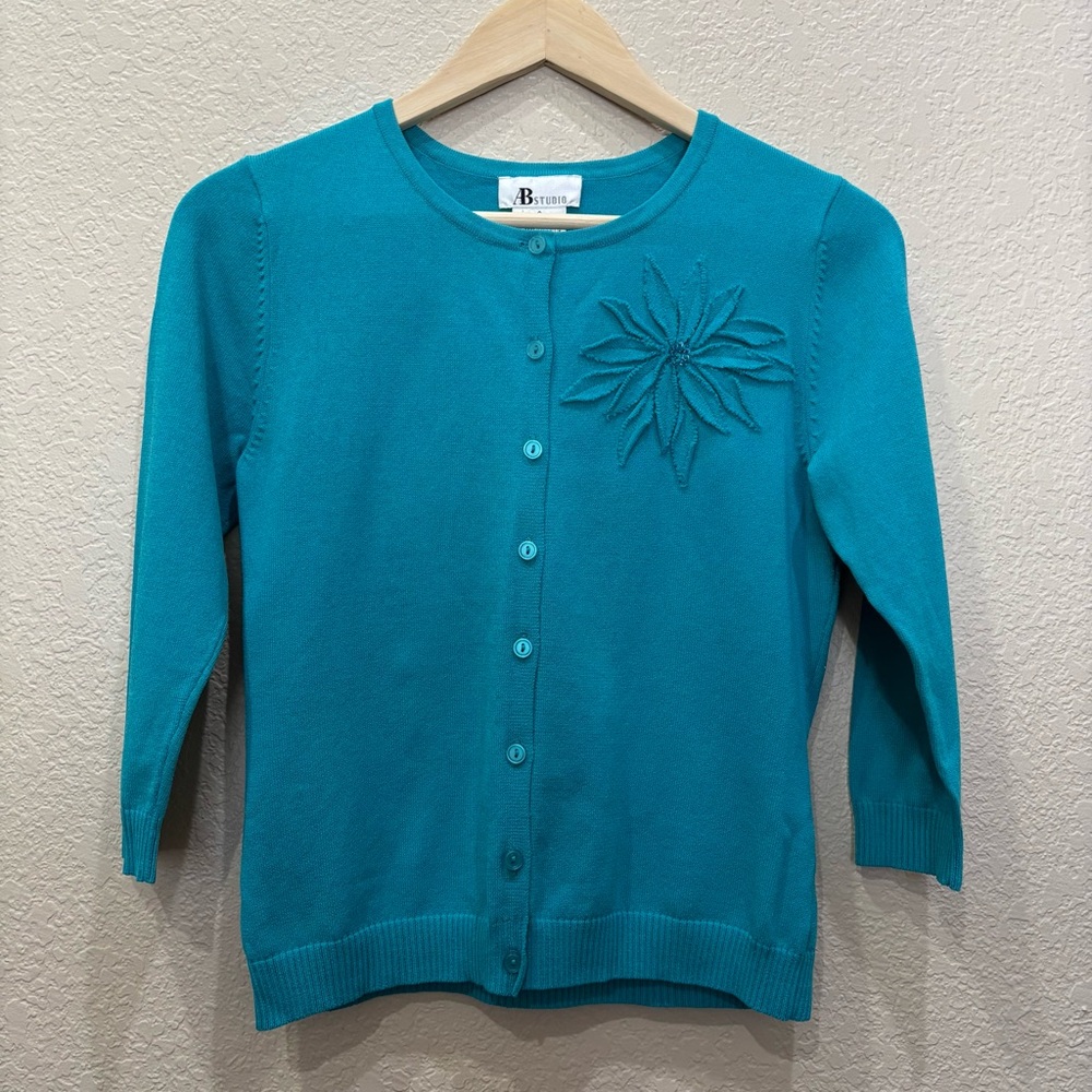 Vintage Teal 3/4 Sleeve Button-Up Cardigan Mid-Century Modern Retro